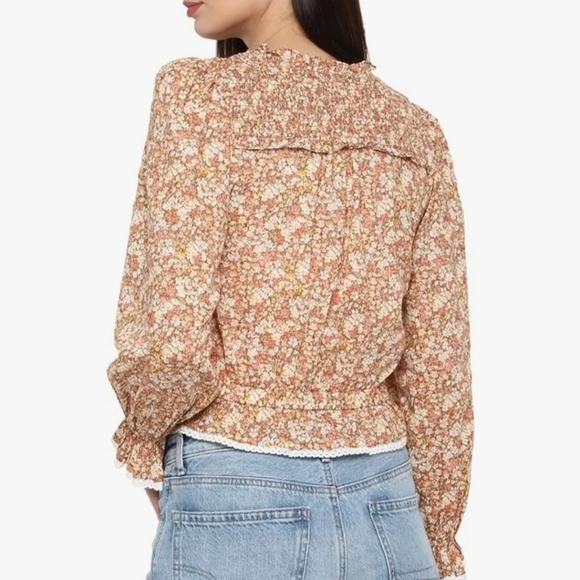 American Eagle Boho Floral Smock Detail Tie Neck Longsleeve Blouse Size S - Picture 4 of 11